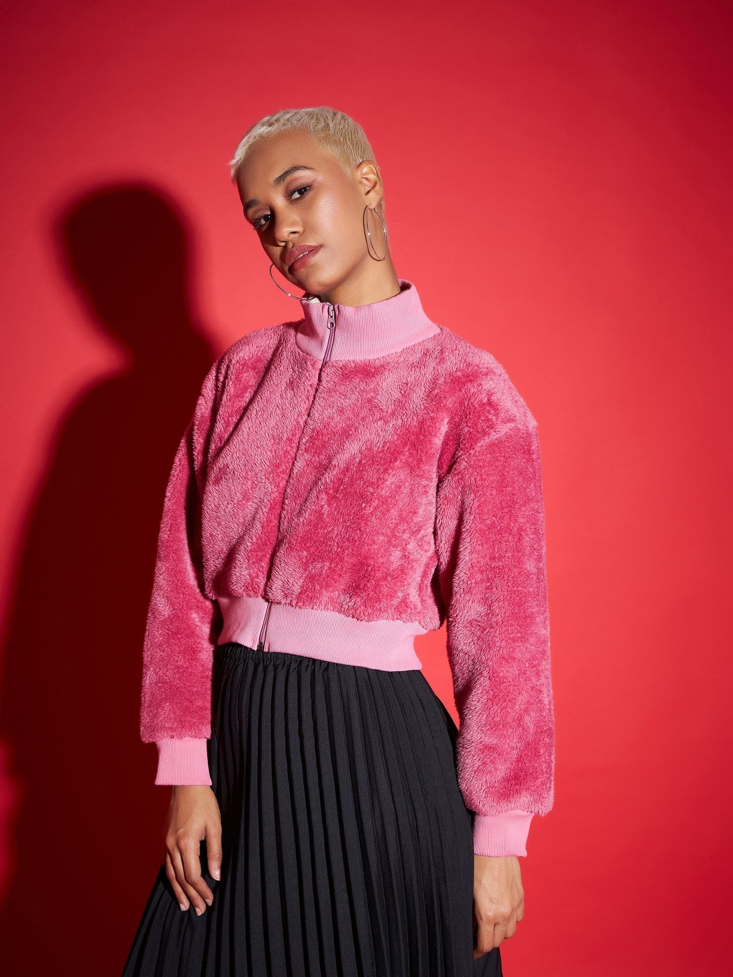 Pink Fur High Neck Crop Bomber Jacket