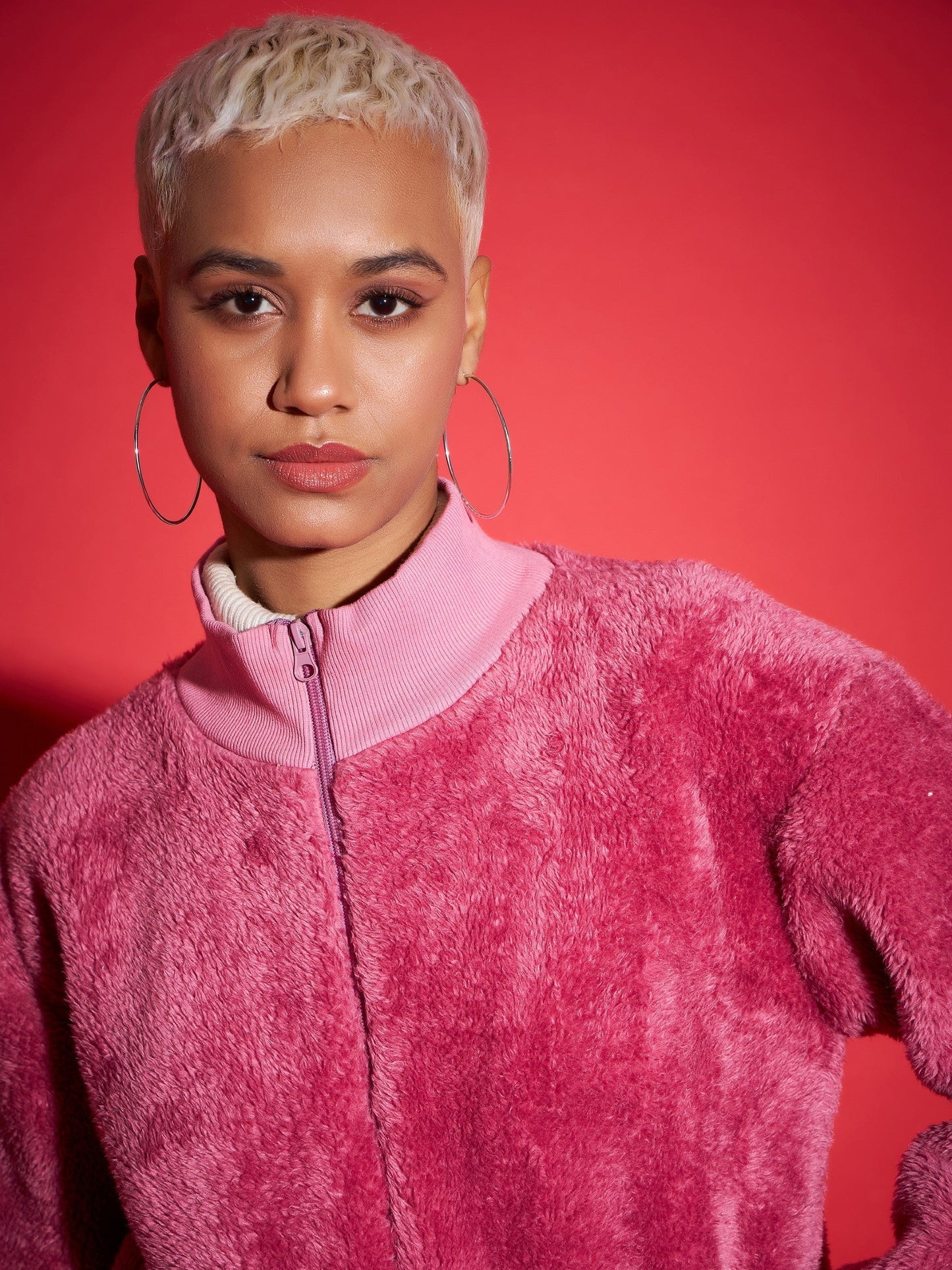 Pink Fur High Neck Crop Bomber Jacket