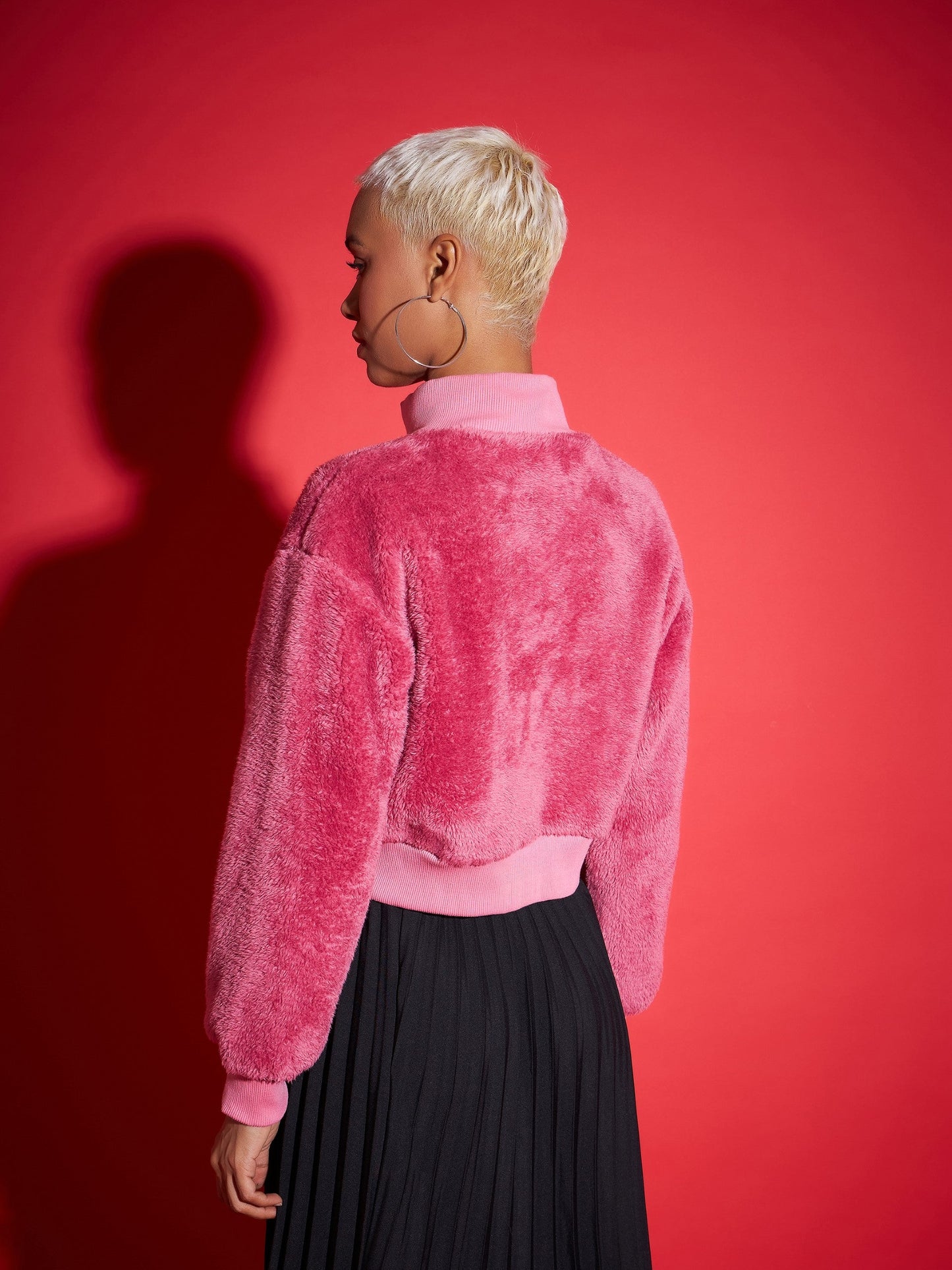 Pink Fur High Neck Crop Bomber Jacket