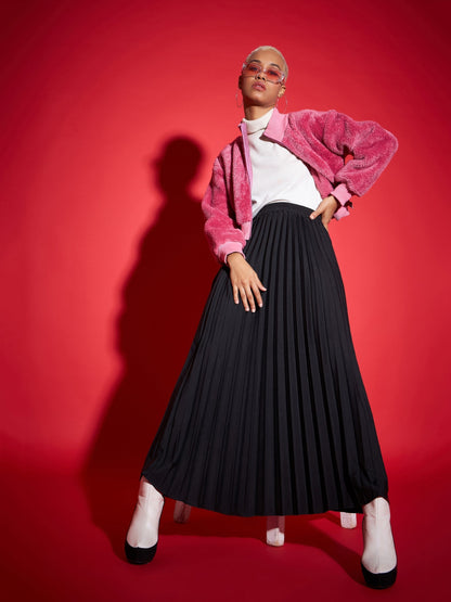 Pink Fur High Neck Crop Bomber Jacket