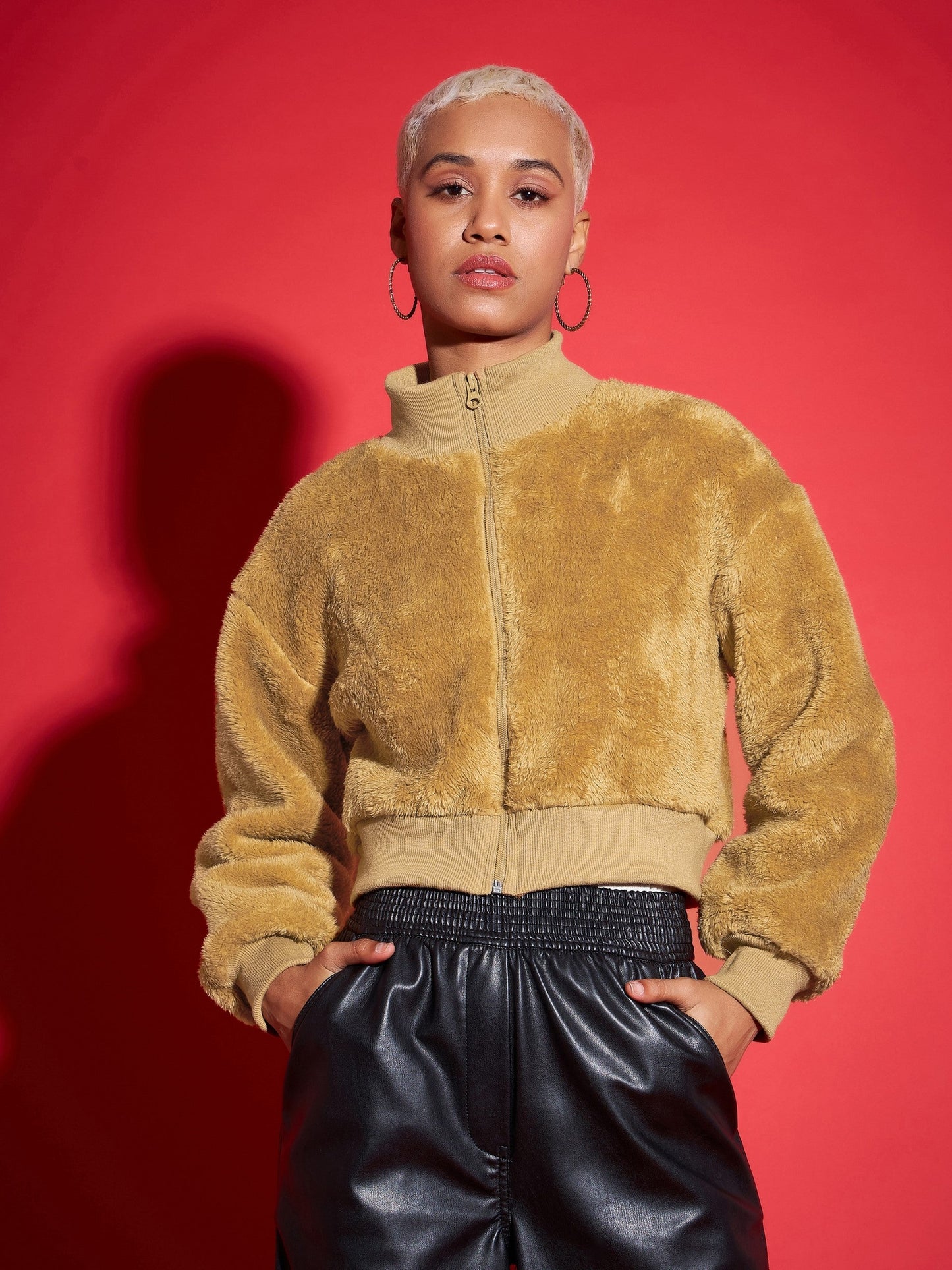 Brown Fur High Neck Crop Bomber Jacket