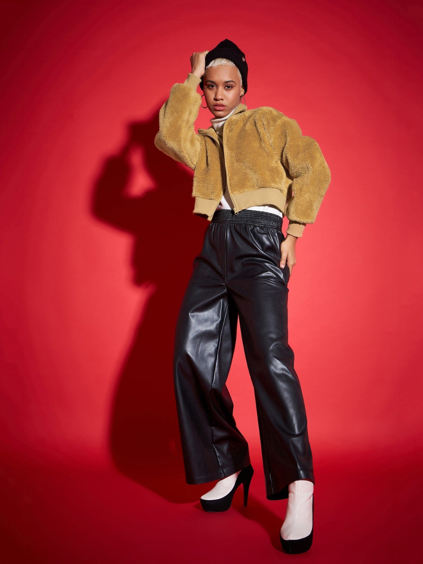 Brown Fur High Neck Crop Bomber Jacket