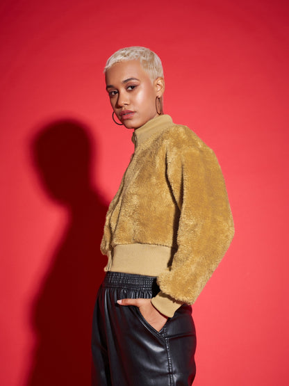 Brown Fur High Neck Crop Bomber Jacket