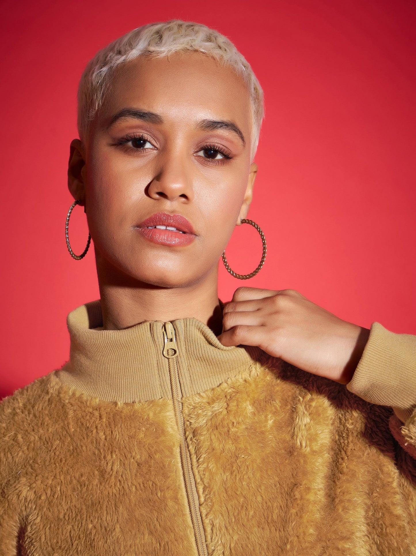 Brown Fur High Neck Crop Bomber Jacket