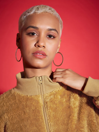 Brown Fur High Neck Crop Bomber Jacket