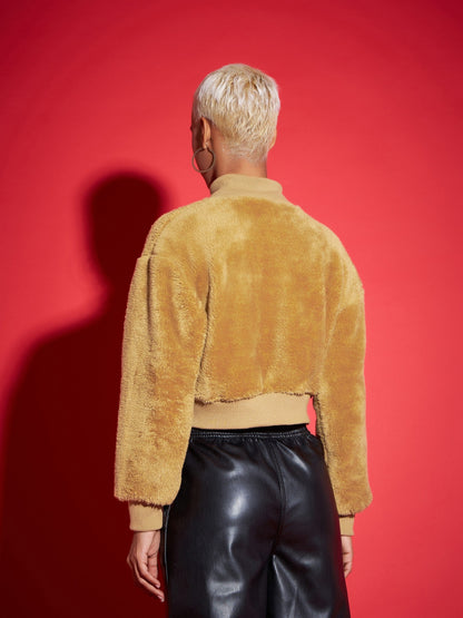 Brown Fur High Neck Crop Bomber Jacket