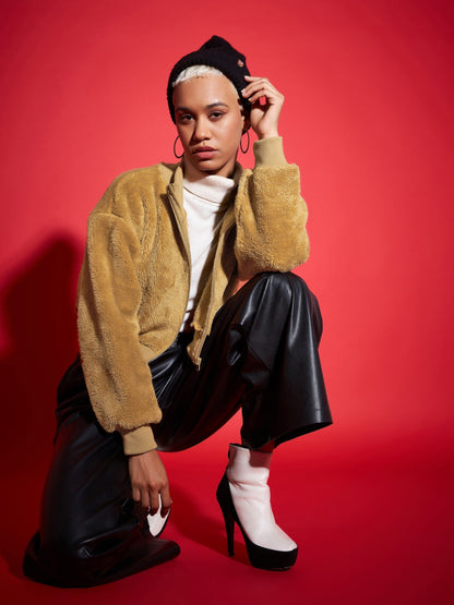 Brown Fur High Neck Crop Bomber Jacket