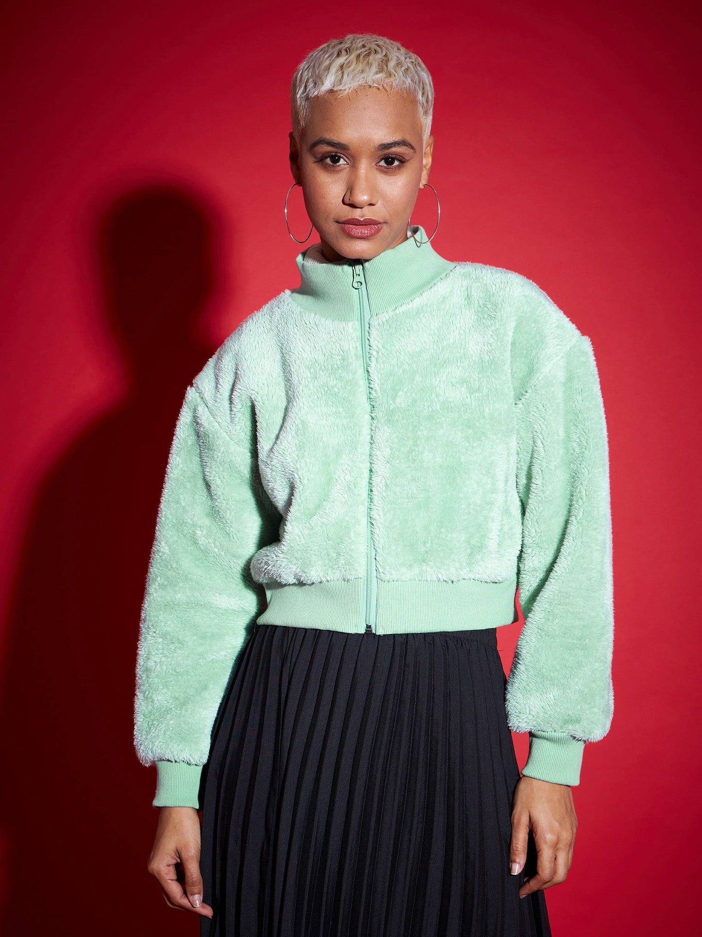 Green Fur High Neck Crop Bomber Jacket