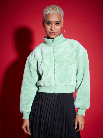 Green Fur High Neck Crop Bomber Jacket