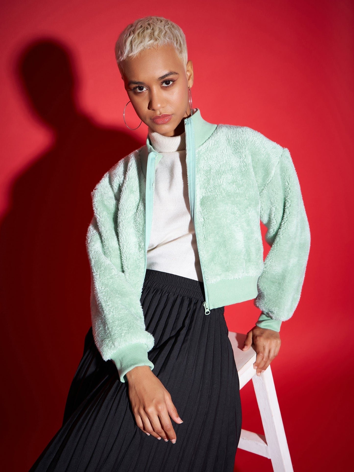 Green Fur High Neck Crop Bomber Jacket