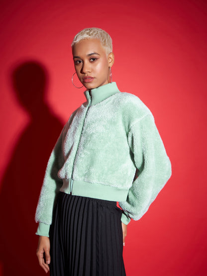 Green Fur High Neck Crop Bomber Jacket