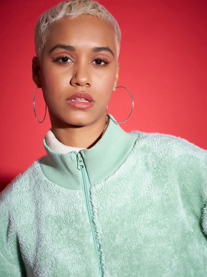 Green Fur High Neck Crop Bomber Jacket