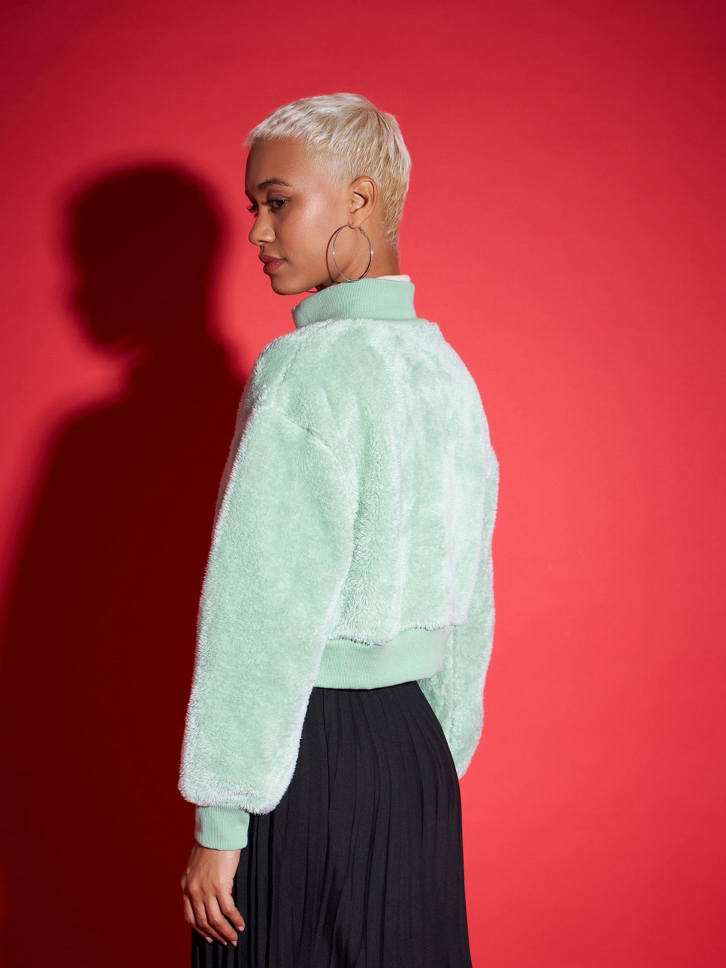 Green Fur High Neck Crop Bomber Jacket