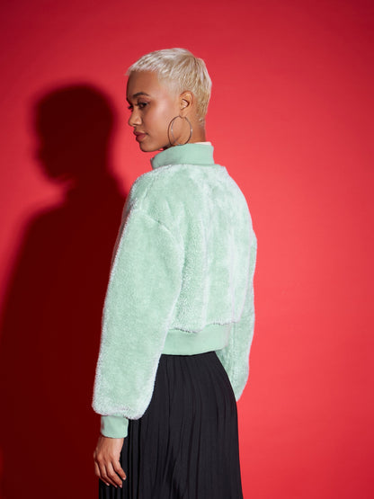 Green Fur High Neck Crop Bomber Jacket