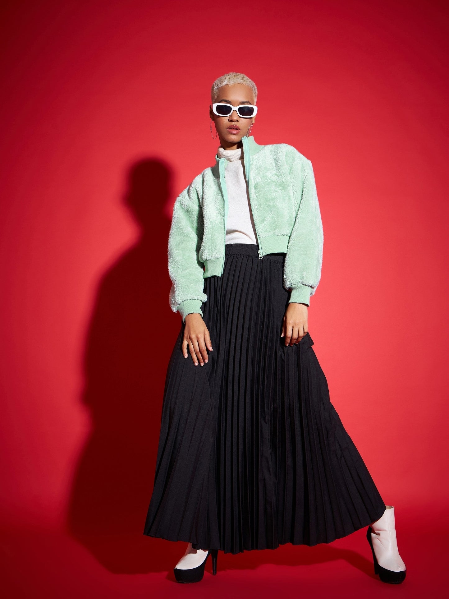 Green Fur High Neck Crop Bomber Jacket