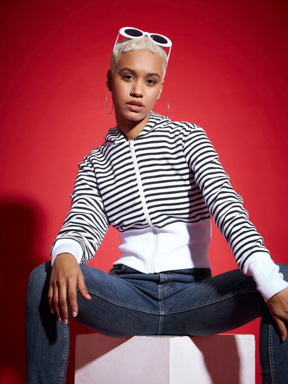 Black & White Striped Fleece Hooded Jacket