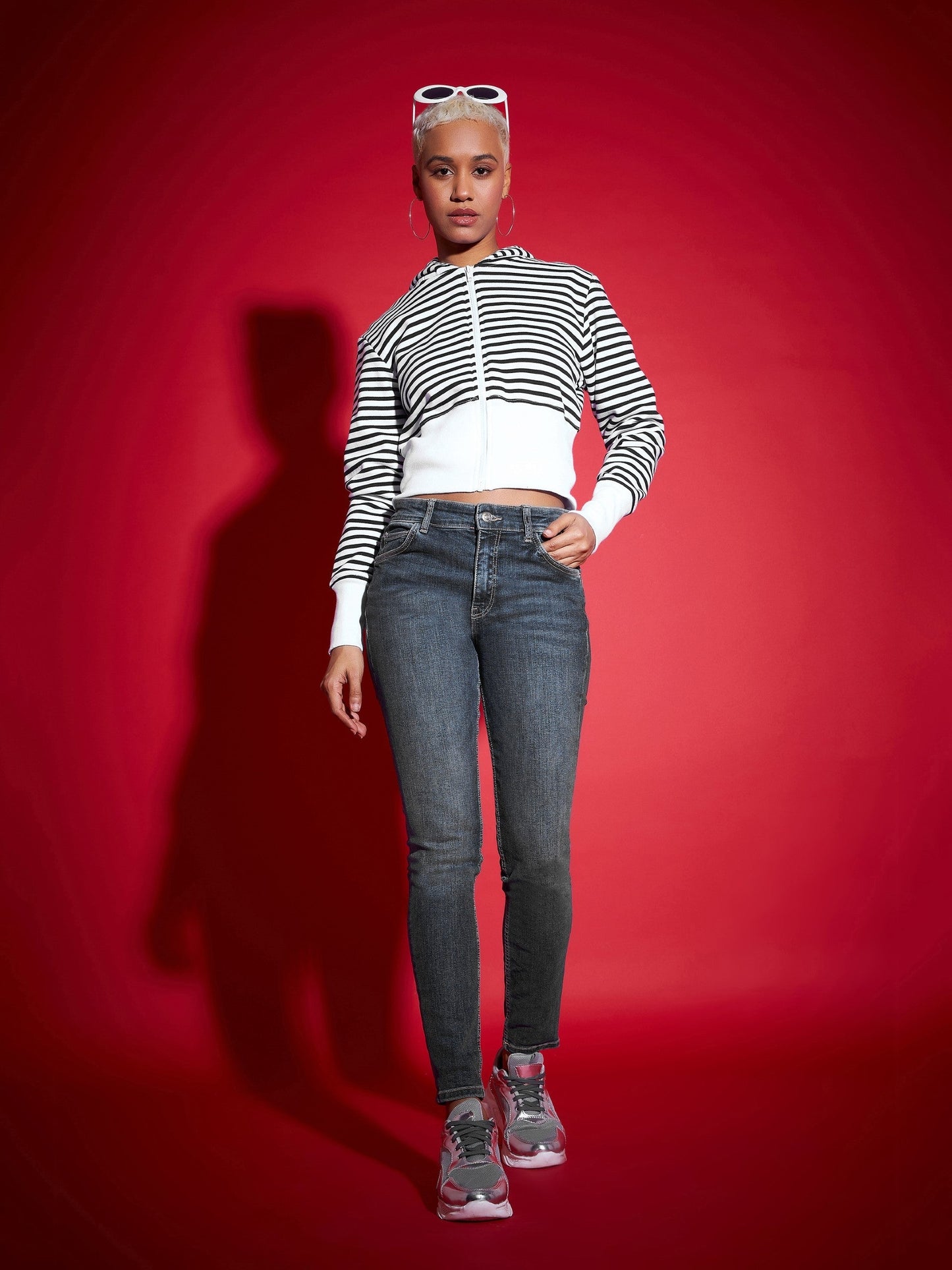 Black & White Striped Fleece Hooded Jacket