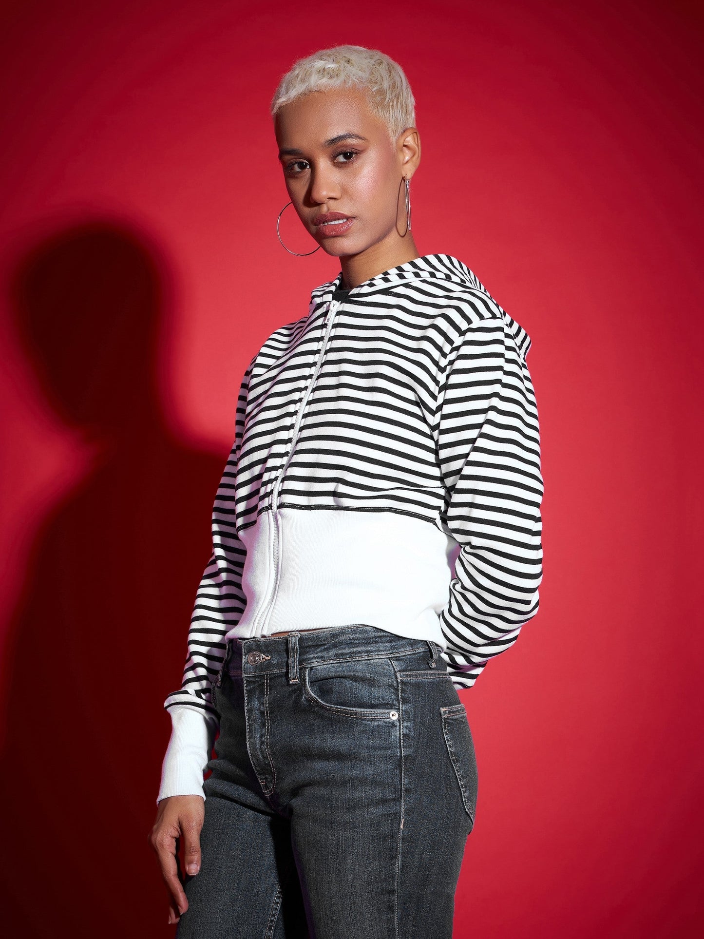 Black & White Striped Fleece Hooded Jacket