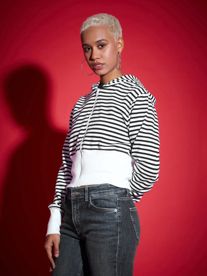 Black & White Striped Fleece Hooded Jacket