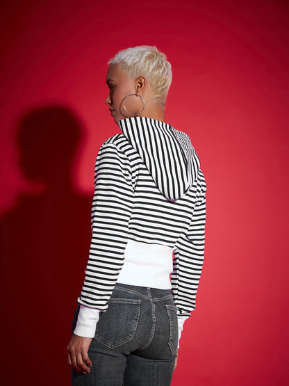 Black & White Striped Fleece Hooded Jacket