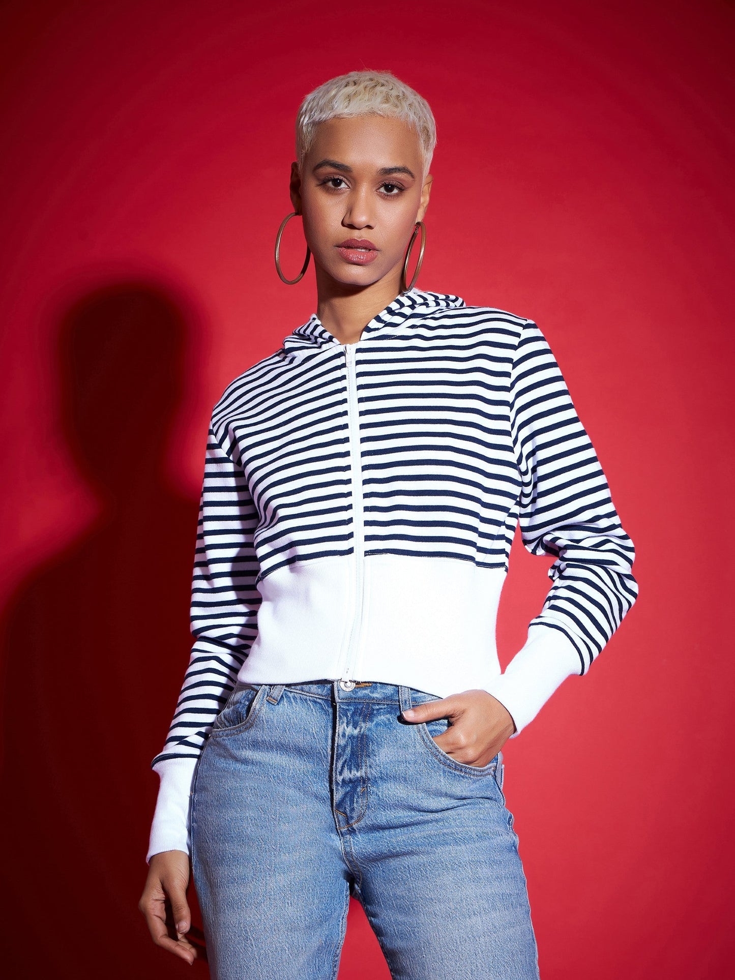 Navy & White Striped Fleece Hooded Jacket