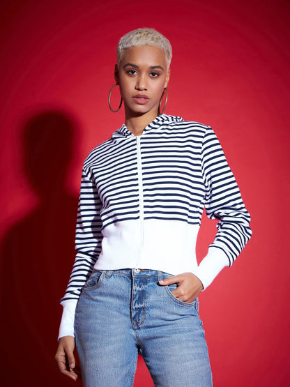 Navy & White Striped Fleece Hooded Jacket