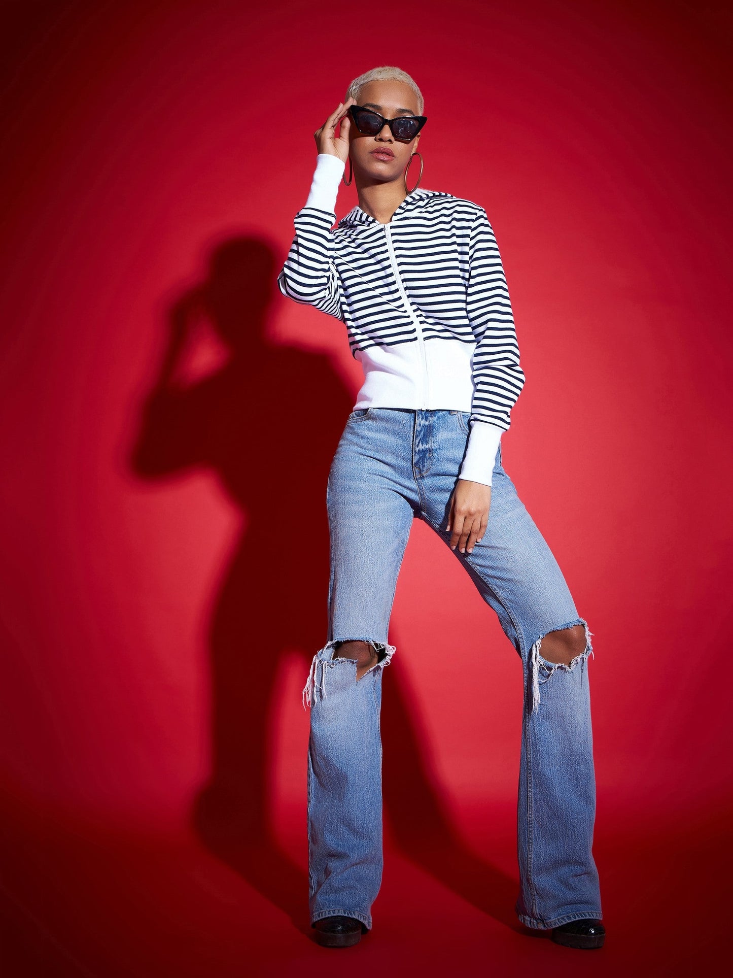 Navy & White Striped Fleece Hooded Jacket