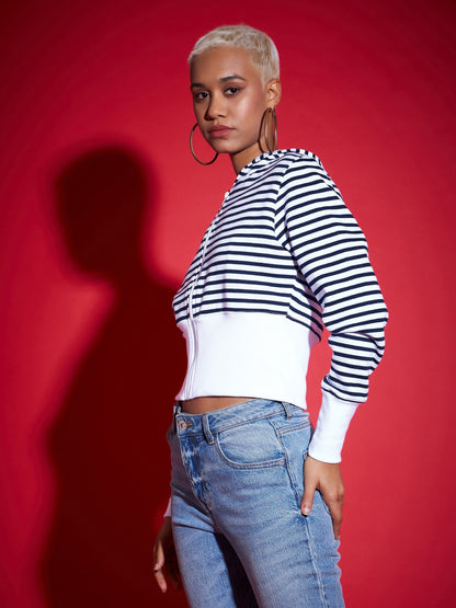 Navy & White Striped Fleece Hooded Jacket