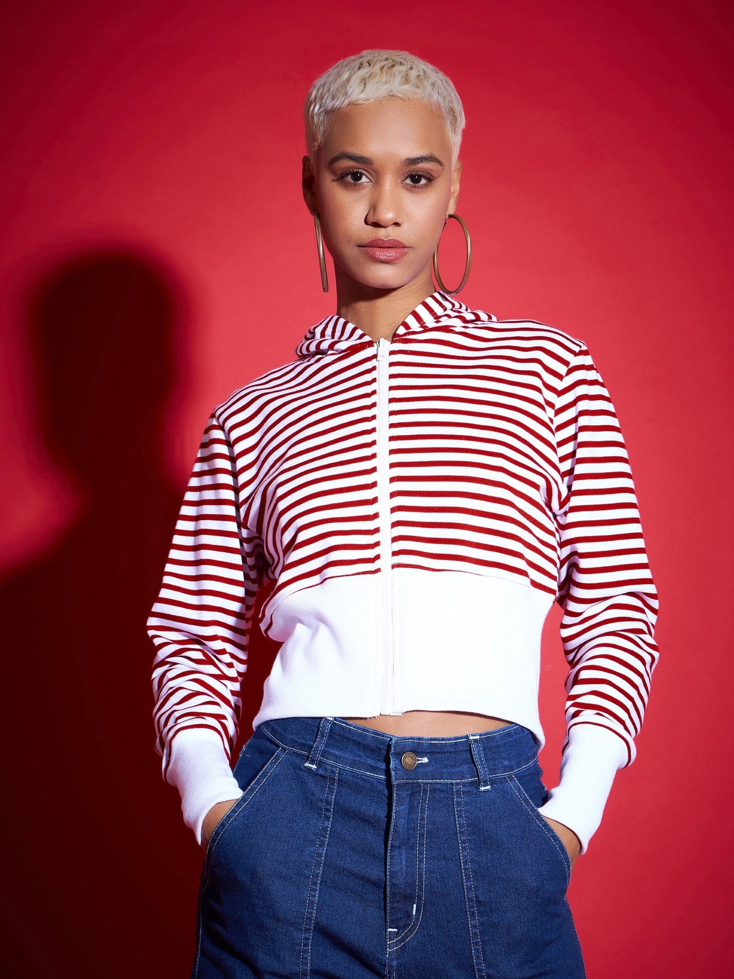 Red & White Striped Fleece Hooded Jacket