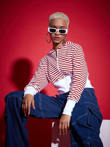 Red & White Striped Fleece Hooded Jacket