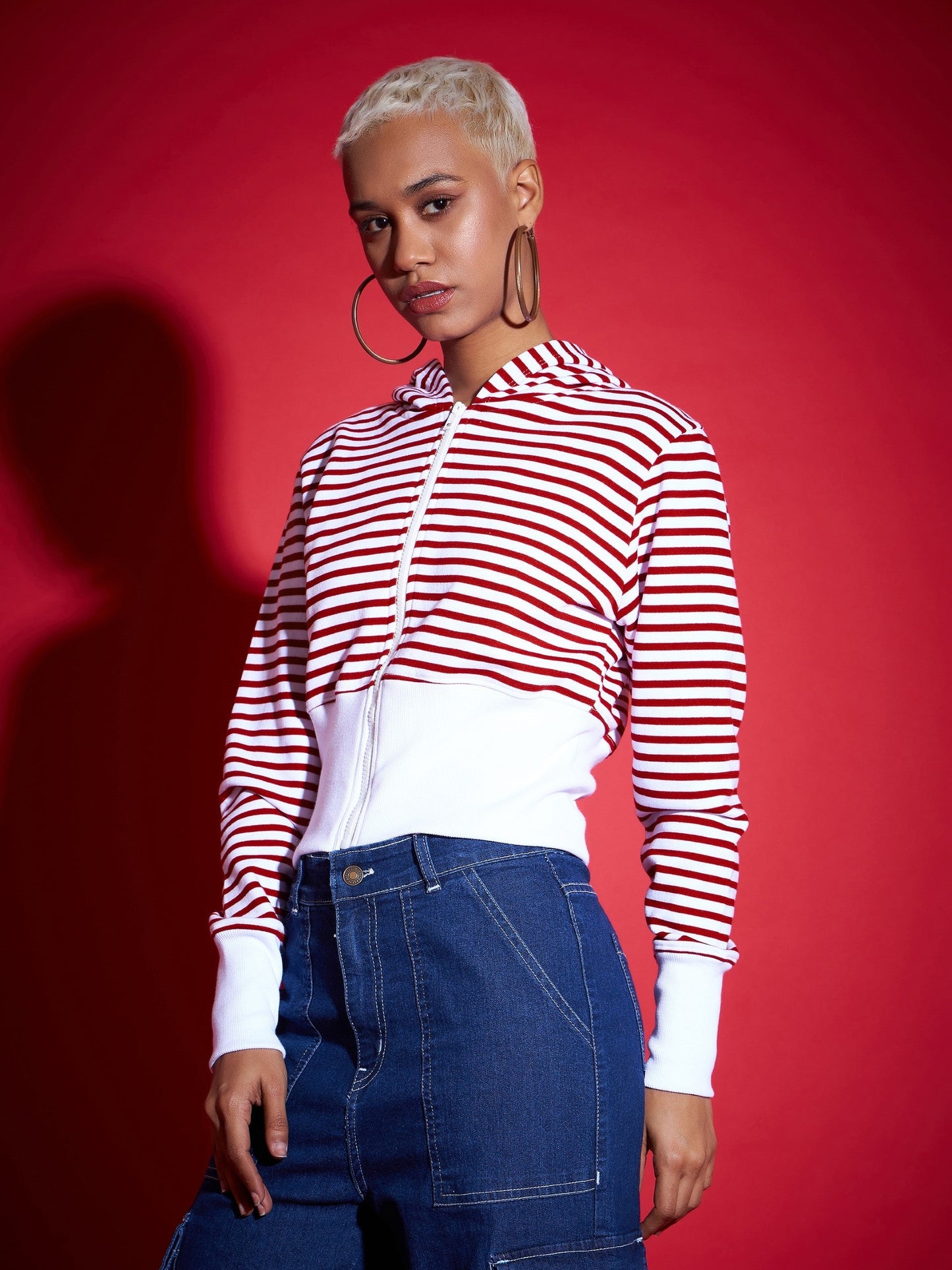 Red & White Striped Fleece Hooded Jacket