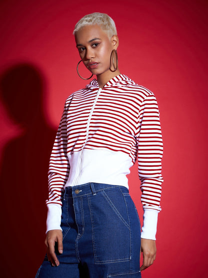 Red & White Striped Fleece Hooded Jacket