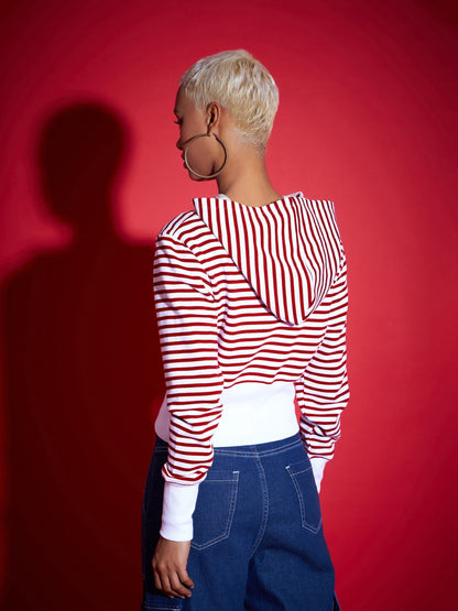 Red & White Striped Fleece Hooded Jacket