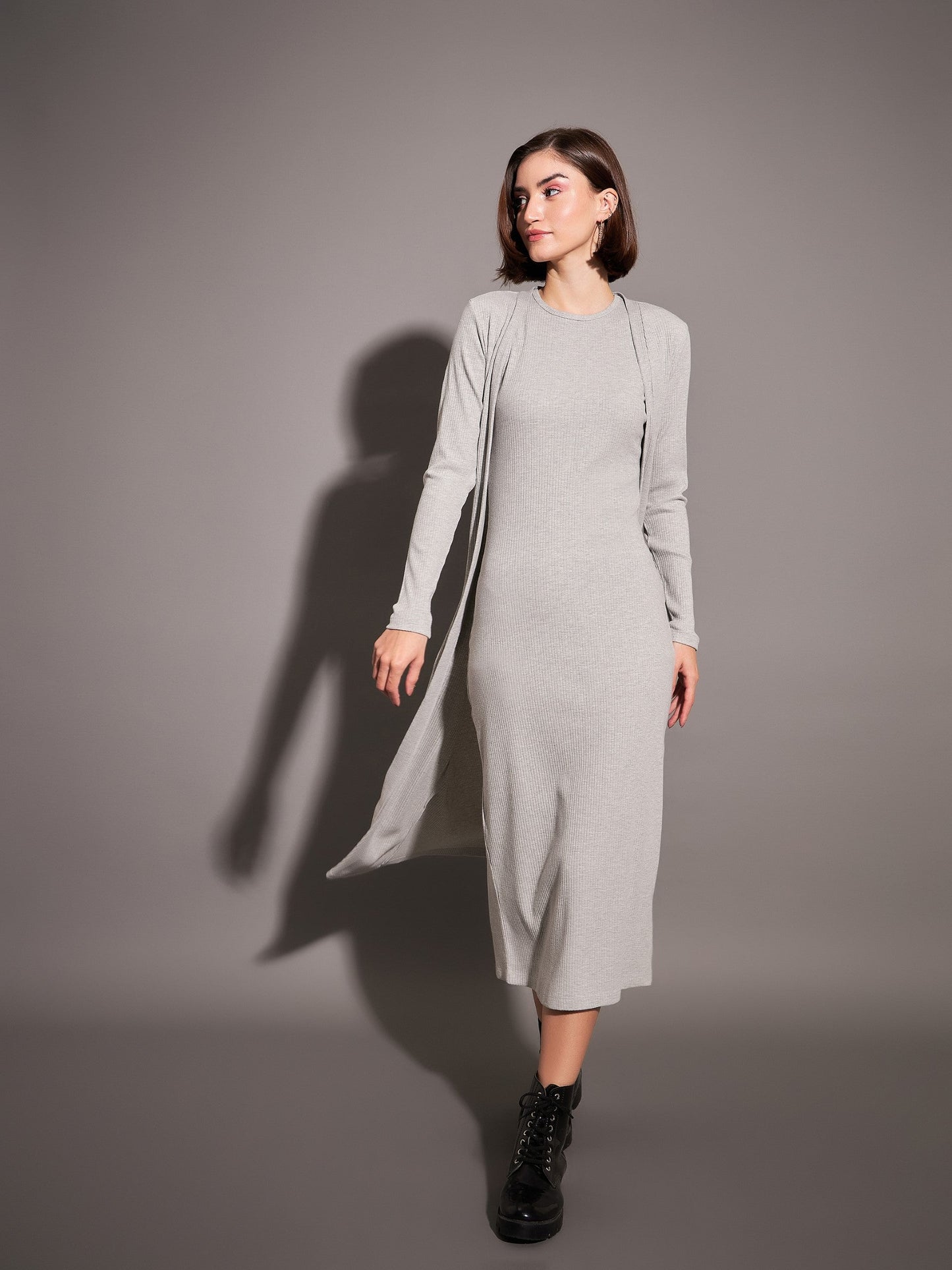 Women Grey Rib Front Open Shrug