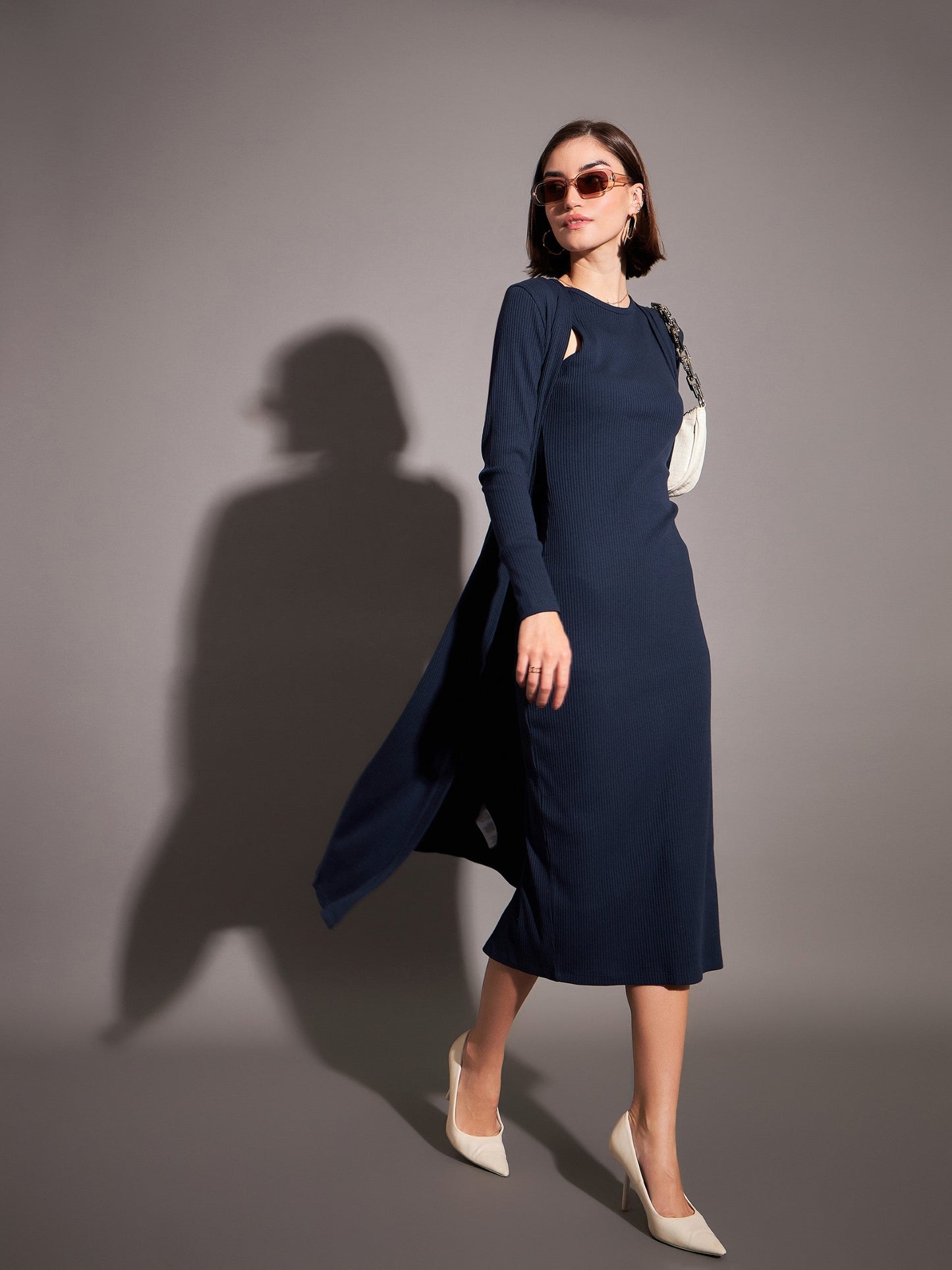 Women Navy Solid Rib Front Open Shrug