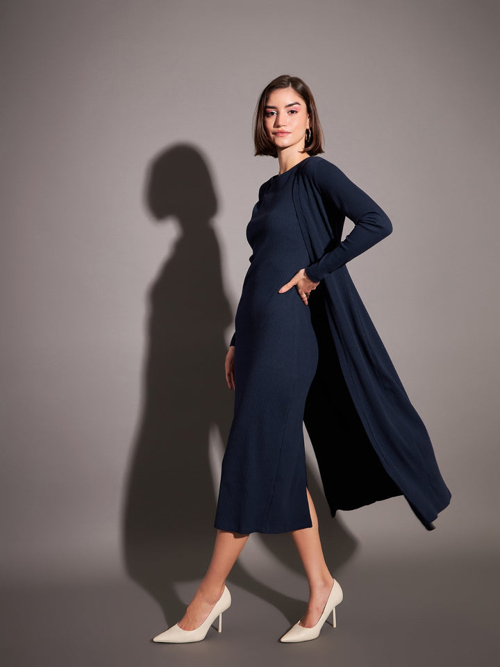 Women Navy Solid Rib Front Open Shrug