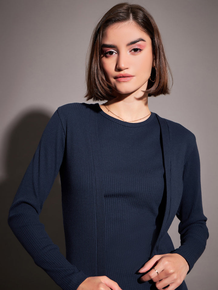 Women Navy Solid Rib Front Open Shrug