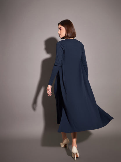 Women Navy Solid Rib Front Open Shrug