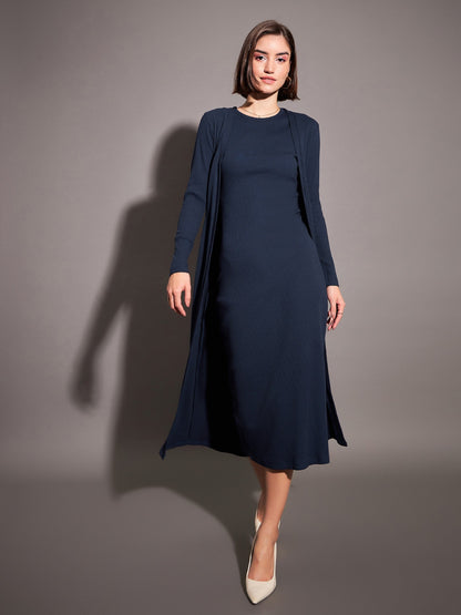 Women Navy Solid Rib Front Open Shrug