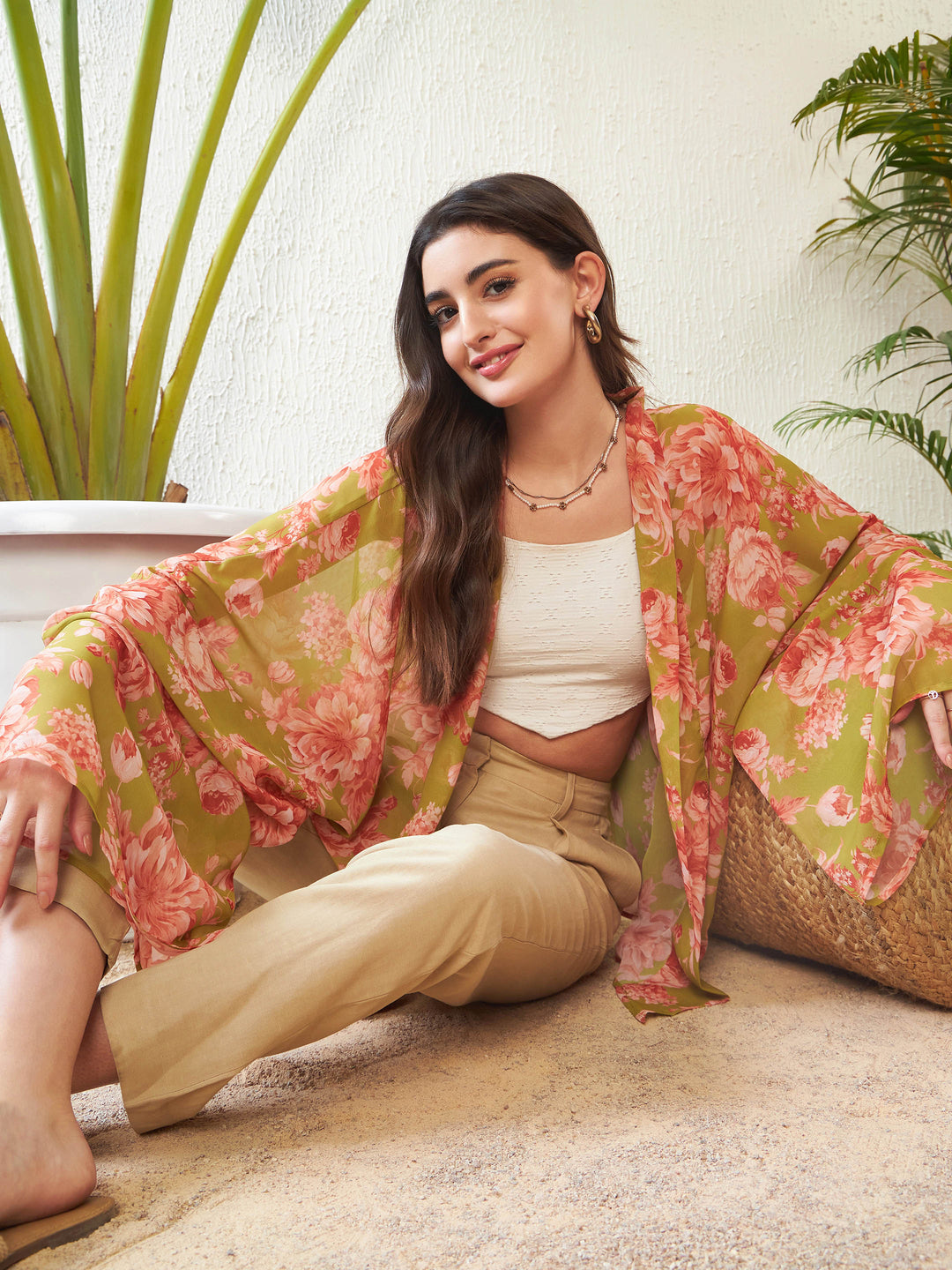 Women's Women Green Floral Front Open Kimono Shrug in Georgette by Sassafras for wholesale, bulk, supplier, manufacturer and wholesaler buyers from Trendphoria
