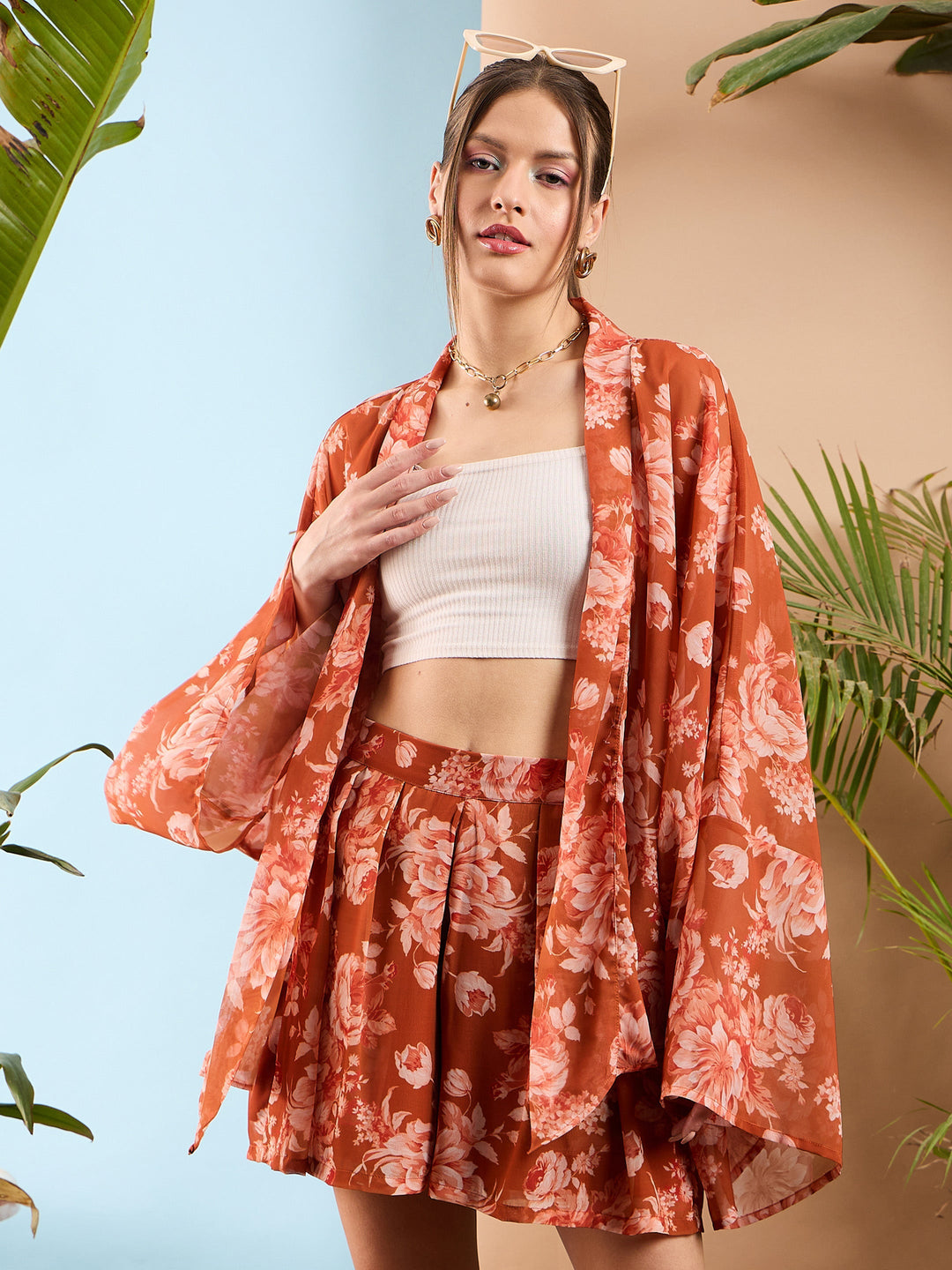Women's Women Rust Floral Front Open Kimono Shrug in Georgette by Sassafras for wholesale, bulk, supplier, manufacturer and wholesaler buyers from Trendphoria