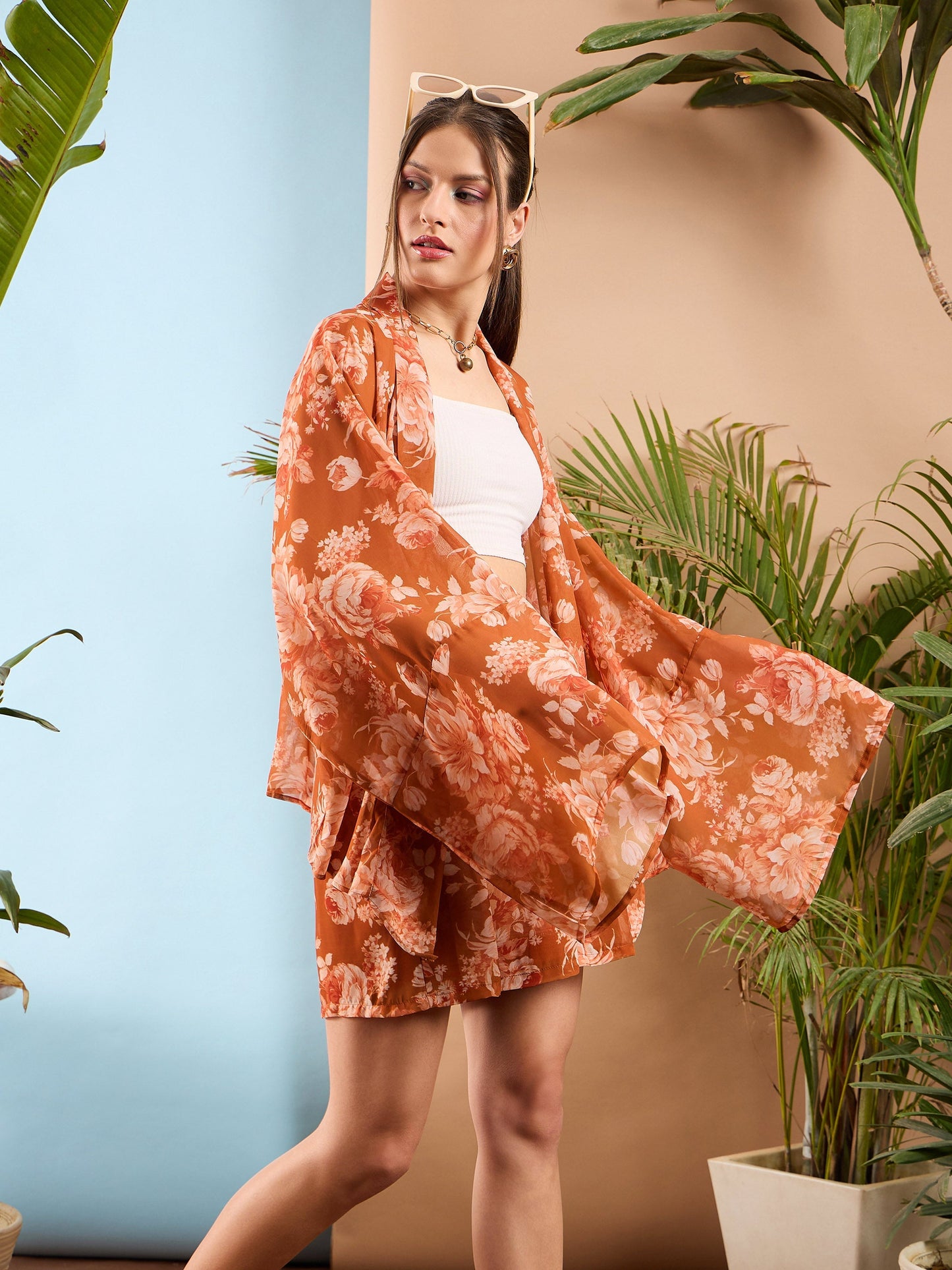 Women Rust Floral Kimono Shrug With Shorts