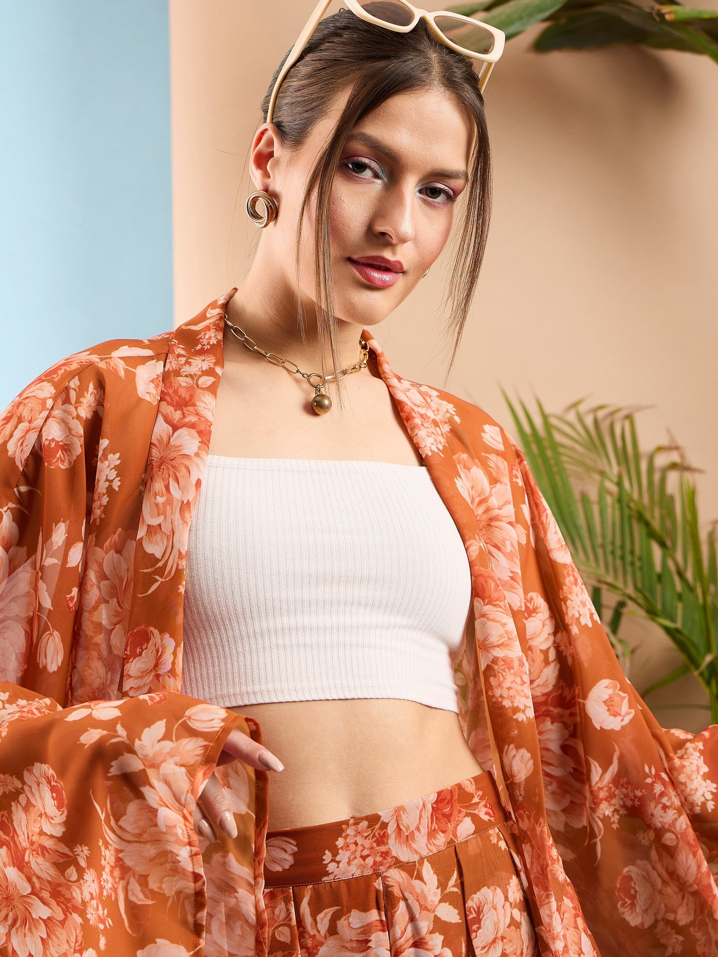 Women Rust Floral Kimono Shrug With Shorts