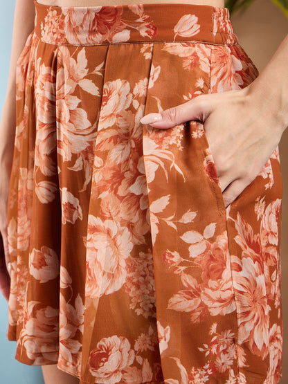 Women Rust Floral Kimono Shrug With Shorts