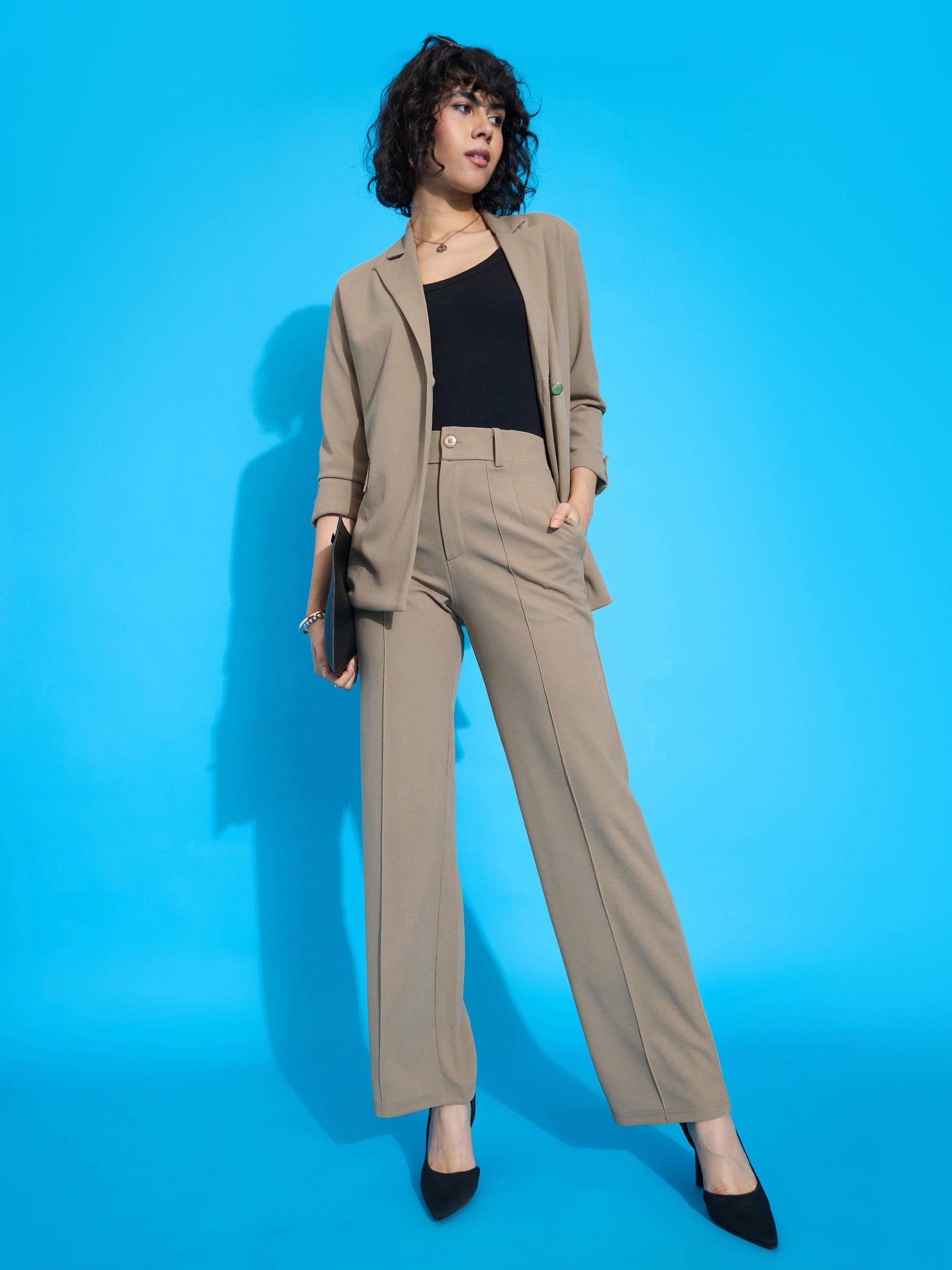 Women Beige Front Button Blazer With Front Darted Pants