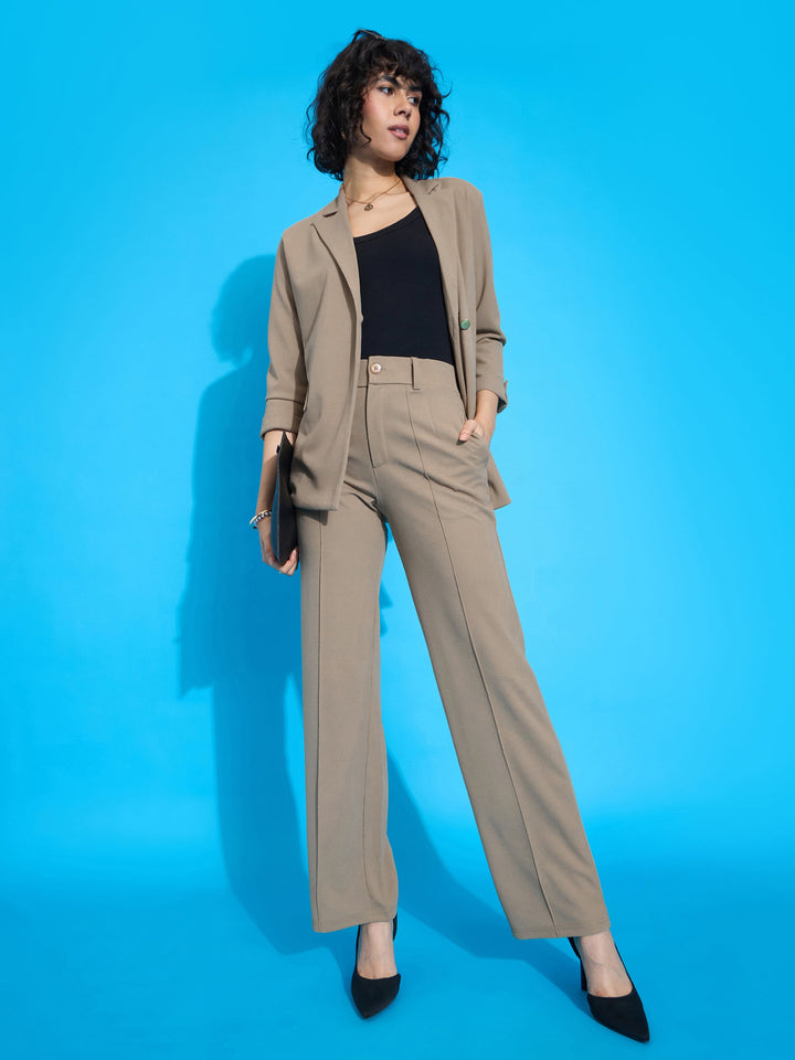 Women Beige Front Button Blazer With Front Darted Pants