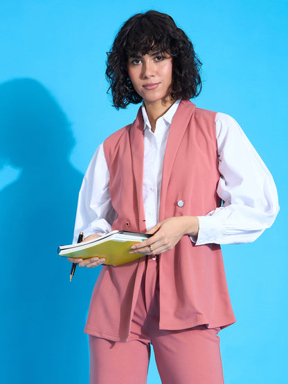 Pink Double-Breast Sleeveless Longline Blazer