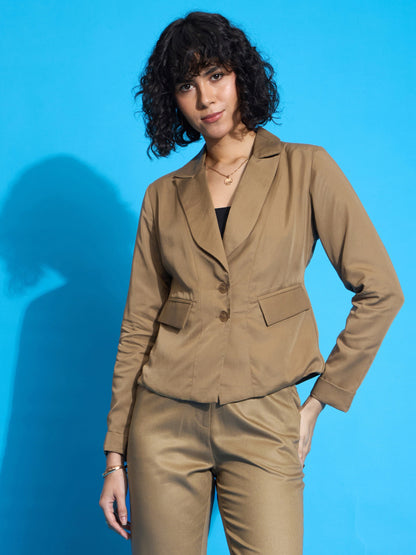 Brown Rayon Tencil Notched Collar Blazer