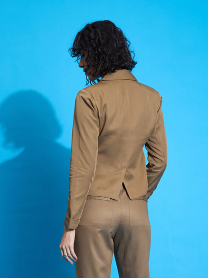 Brown Rayon Tencil Notched Collar Blazer