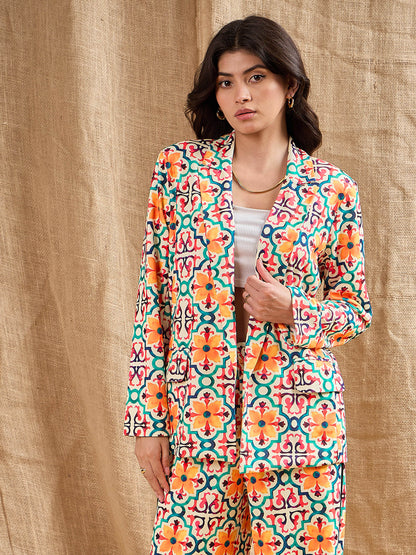 Yellow Geometrical Printed Shawl Collar Blazer